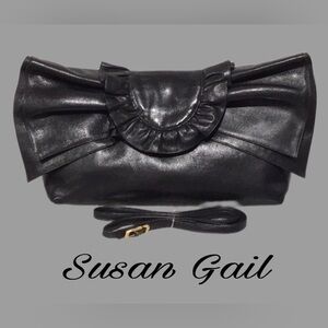 Vintage SUSAN GAIL Leather Clutch/Shoulder Bag with Large Bow Front Flap, Black